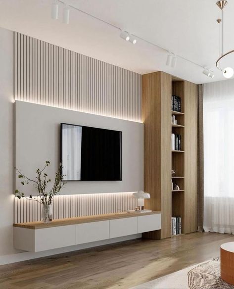 Slatted Wall Behind Tv, Tv Mount Wall Panel, Living Room Tv Wall Small Space, Accent Wall Media Room, Fluted Tv Unit, Living Room Chair Decor, Tv Lounge Design, Wall Behind Tv, Tv Kastenwanden