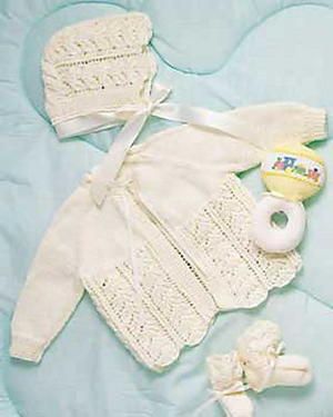 FaveCrafts - 1000s of Free Craft Projects, Patterns, and More Layette Pattern, Bernat Baby Yarn, Baby Layette Set, Baby Cardigan Knitting Pattern Free, Knit Baby Booties, Baby Layette, Baby Cardigan Knitting Pattern, Baby Knitting Patterns Free, Knitted Baby Clothes