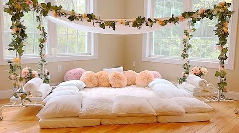 Kids Slumber, Spa & Picnic Parties | The Slumber Squad | United States Slumber Party Fort, Tent Fort, Bday Sleepover, Slumber Party Decorations, Spa Sleepover Party, 12th Birthday Party Ideas, Sleepover Parties, Picnic Parties, Glamping Birthday Party