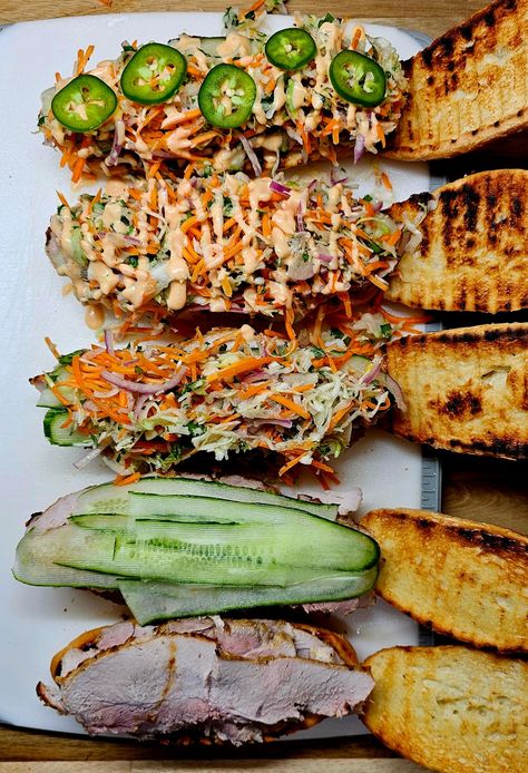 Pork Bahn Mi - Homemade on a Weeknight Bahn Mi Sandwich Recipes, Bahn Mi Wrap, Banh Mi Marinade, Pork Belly Bahn Mi Sandwich, Bahn Mi Marinade, Bahn Mi Sauce, Bah Mi Sandwich, Bahn Mi Pork, Pork Bahn Mi Sandwich