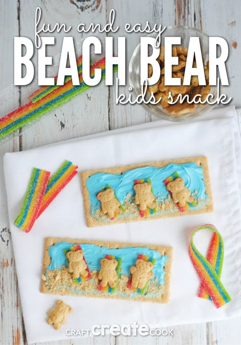 Your kids will love these fun and cute Beach Bear snacks!  via @CraftCreatCook1 Crafts With Food, Fun Beach Ideas, Bear Snacks, Snacks Diy, Lila Party, Kids Food Crafts, Theme Snack, Beach Snacks, Snacks For Kids