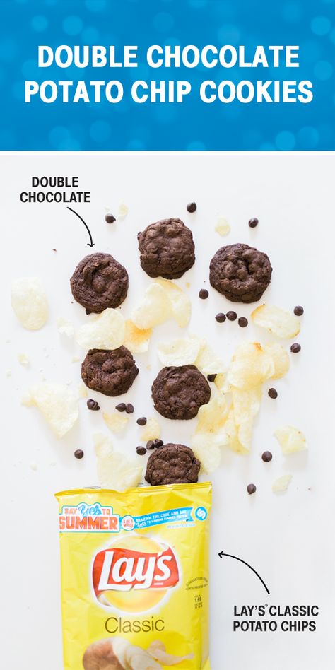 When it comes to delicious and fun summer recipes, nothing can beat these Double Chocolate Potato Chip Cookies! Get your kids in on the baking and surprise your friends and family with a sweet and salty dessert they’ll sure to enjoy. Pack these bite-sized treats—filled with Lay’s Classic Potato Chips—as well as everyone’s favorite Frito-Lay® products to make the perfect menu for an outdoor party or simple picnic. Potato Chips And Chocolate, Cookies With Potato Chips In Them, Chocolate Chip Cookie With Potato Chips, Lays Kettle Cooked Chips, Butter Cupcake Recipe, Chocolate Potato Chips, Chocolate Fruit Cake, Salty Desserts, Lays Potato Chips Memes