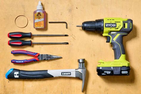 overhead shot of all the tools used in each method Remove Stripped Screw, Megan Baker, Stripped Screw, Prop Styling, Miter Saw, Clever Hacks, Home Upgrades, Home Repairs, Creative People