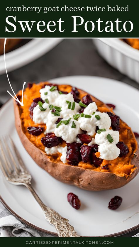 Sweet potatoes cooked until tender; then mixed with dried cranberries, goat cheese, cinnamon, butter, brown sugar and baked again. Sweet Potatoes Goat Cheese Cranberries, Sweet Potatoes With Goat Cheese, Sweet Potato With Goat Cheese, Twice Baked Sweet Potato, Cranberry Goat Cheese, Homemade Slaw, Sweet Potato Recipes Baked, Twice Baked Sweet Potatoes, Savory Sides