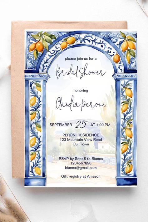 Italian blue tiles arch lemons Amalfi Positano Sicicly themed bridal shower template invitation Engagement Invitation Cards, Italian Blue, Citrus Wedding, Template Invitation, Summer Wedding Decorations, Themed Bridal Shower, Art Invitation, Decoupage Vintage, Blue Tiles