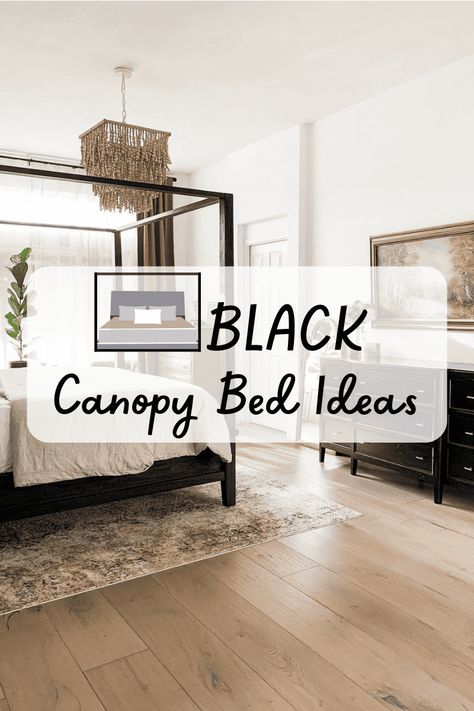 Canopy bed frames can come in a few different colors, but there is something about a black canopy bed that makes it extremely popular. Perhaps it is the bold, Spear Bedroom Ideas, Black Poster Bed Bedroom Ideas, Canopy Bed Master Room, How To Style A Canopy Bed, Black Canopy Bed Ideas, Luxury Bedroom Master Romantic Canopy Beds, Canopy Bed Bedroom Ideas, Canopy Bed Frame Ideas, 4 Poster Bedroom Ideas