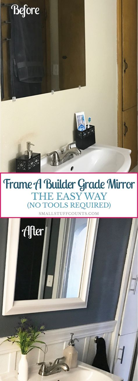 Frame A Builder Grade Mirror The Easy Way With Mirror Mate Mirror Without Frame, Mirror Framing, Bathroom Mirrors Diy, House Maintenance, Rope Mirror, Bathroom Mirror Frame, Trendy Apartment, Mirror Framed, Builder Grade