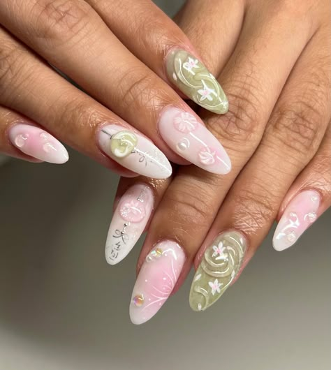 Sakura green tea 🍵 she’s off to Japan! ✧ : *✧ ib @oaklestudio :* ✧ *✧: #gelnails #nailinspo #nailinspiration #nailart #naildesigns #nailartinspo #nailsoftheday #gelx #gelxnails #apresgelx #handpaintednails Sakura Gel Nails, Japan Themed Nails, Pink Cherry Blossom Nails, Japan Nails Design Tokyo, Japanese Nails Designs, Sakura Nails Design, Nails For Japan, Japan Nails Design, Japan Inspired Nails