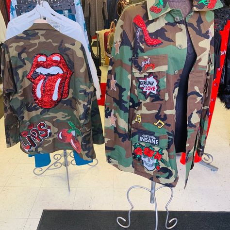 Theses Jackets Are Custom Made So Every One Of Them Are Different! So Please Allow Time For Customization. Thank You. Camo Jacket With Patches, Patched Jean Jacket, Denim Jeans Diy, Army Camo Jacket, Tshirt Images, Business Prayer, Army Clothing, Rhinestone Jacket, Jacket With Patches