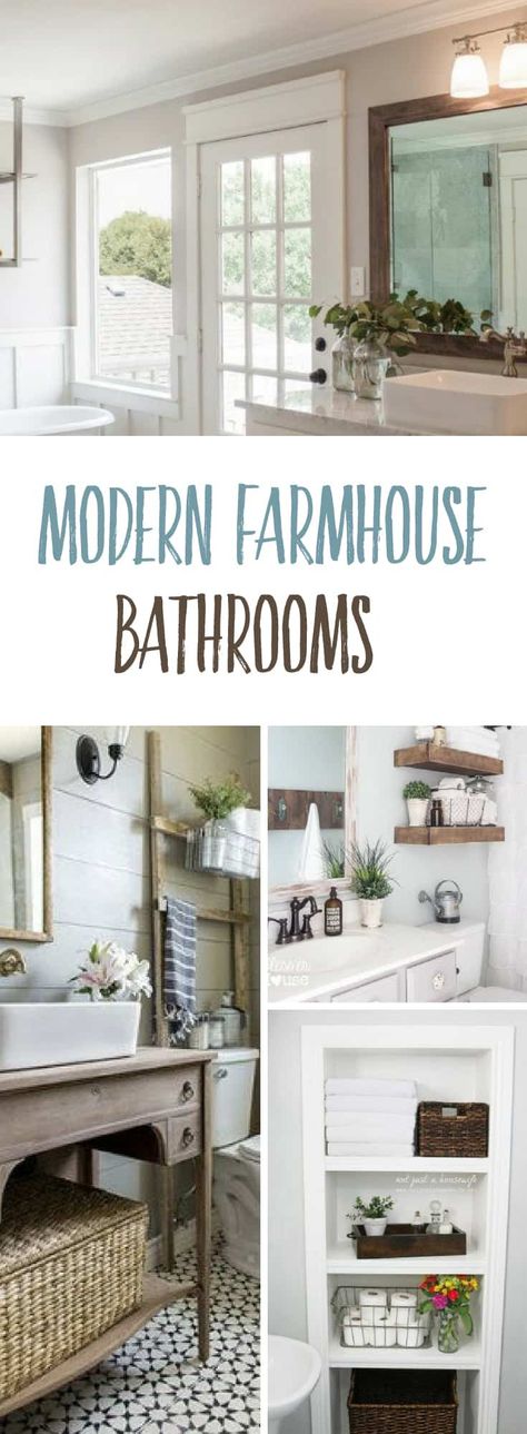 MODERN FARMHOUSE BATHROOMS INSPIRED BY JOANNA GAINES AND FIXER UPPER | These real life bathrooms have lovely modern farmhouse touches that are beautiful! #modernfarmhousedecor Farmhouse Bathroom Ideas Joanna Gaines, Bathroom Joanna Gaines, Joanna Gaines Bathroom, Modern Farmhouse Bathrooms, Modern Farmhouse Bathroom Ideas, Modern Farmhouse Bathroom Decor, Fixer Upper Bathroom, Farmhouse Bathroom Ideas, Farmhouse Bathroom Design