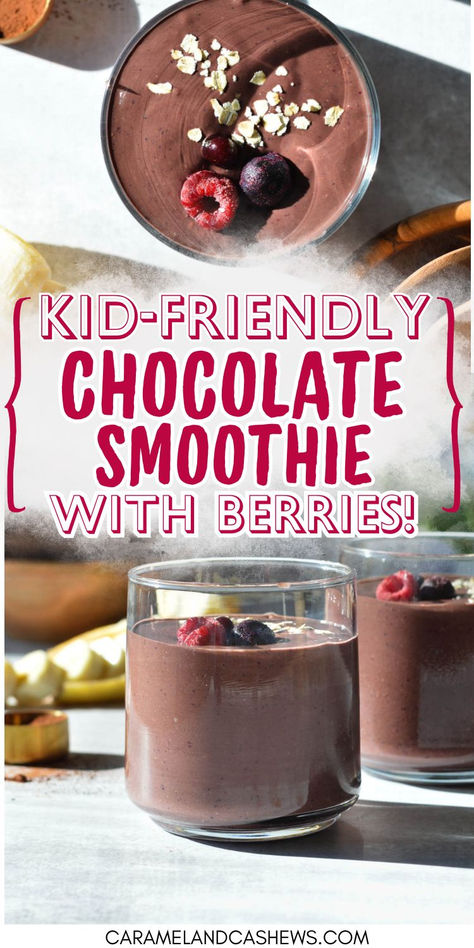 chocolate smoothie Banana Chocolate Smoothie Recipe, Chocolate Fruit Smoothie, Healthy Milkshakes For Kids, Breakfast Smoothies For Kids, Chocolate Berry Smoothie, Protein Shakes For Kids, Smoothies Ideas, Healthy Chocolate Smoothie, Kid Friendly Smoothies