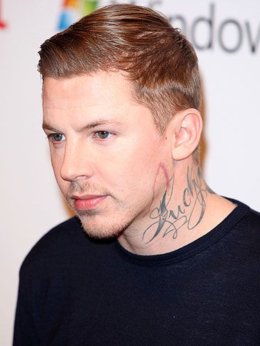 Check out ultimate bad boy rapper, Professor Green's tattoos! While he has a few here, there and everywhere, it's the 'Lucky' slogan on his neck that catches our attention the most and not just because of the size. The tat took a whole new meaning as just a few weeks after getting this tat, Pro Green, real name Stephen Manderson (not so bad boy is it?) was wounded just above the writing which could have potentially been fatal. He really was a LUCKY lad! - Cosmopolitan.co.uk Forever Young Tattoo, Love Letter Tattoo, Name Tattoos On Neck, Cross Tattoo Neck, Celebrities Tattoos, Professor Green, Freedom Tattoos, Green Tattoos, Bike Tattoos