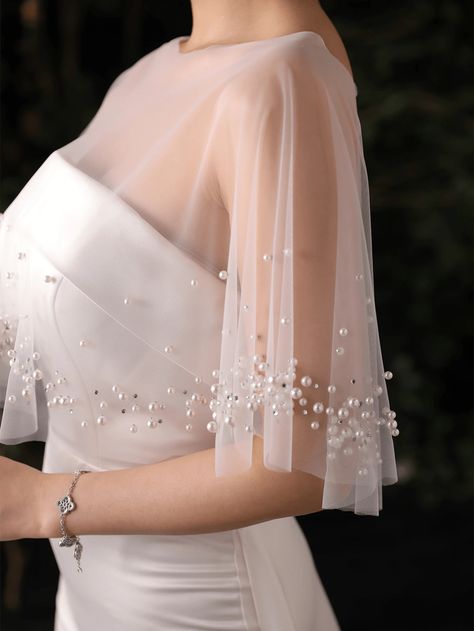 1pc Korean Style Bridal Wedding Shawl Cape Plus Size White Elegant & Simple White Shawl With Pearl Embellishment | SHEIN UK Korean Bridal Dress, Wedding Dress Coverup Ideas, White Christmas Outfit Ideas, Wedding Gown With Cape, Korean Wedding Dresses, Dress Coverup Ideas, Pearl Cape, White Christmas Outfit, Wedding Dress Topper