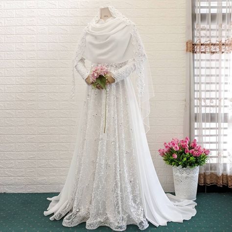 Baju Akad Nikah Muslim Syari, Muslimah Wedding Dress Syar'i, Baju Akad Nikah Muslim Simple, Muslimah Dress Wedding, Dress Akad Nikah Muslimah, Wedding Dress Hijab Syar'i, Dress Akad, Wedding Dress Muslimah, Dress Pengantin