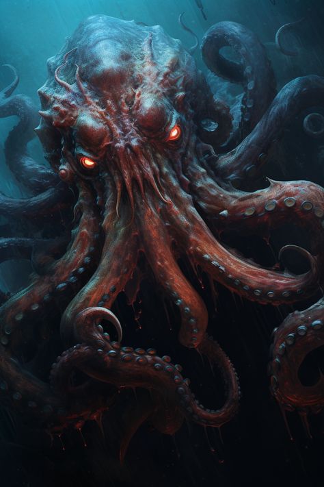 My ABYSSAL ANTAGONISTS series gives humanity a first look at the leaders of the deep armada which will eventually rise and wash over civilization as we know it. Created by Vellectrum using Midjourney. Ocean Monsters Deep Sea Creature, Flying Octopus, Kraken Sea Monster, Octopus Monster, Ocean Creatures Art, Ocean Monsters, Floating In The Sky, Kraken Art, Poseidon Tattoo