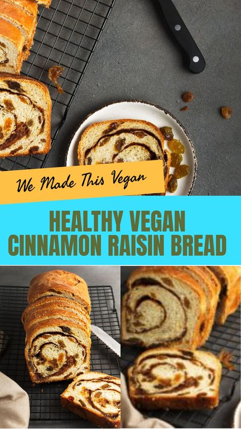 Healthy vegan cinnamon raisin bread with swirled pattern, sliced and ready to serve. Vegan Cinnamon Raisin Bread, Recipes With Raisins, Raisin Bread Recipe, Cinnamon Raisin Bread Recipe, Vegan Autumn, Vegan Catering, Potato Breakfast Recipes, Vegan Bread Recipe, Cinnamon Raisin Bread