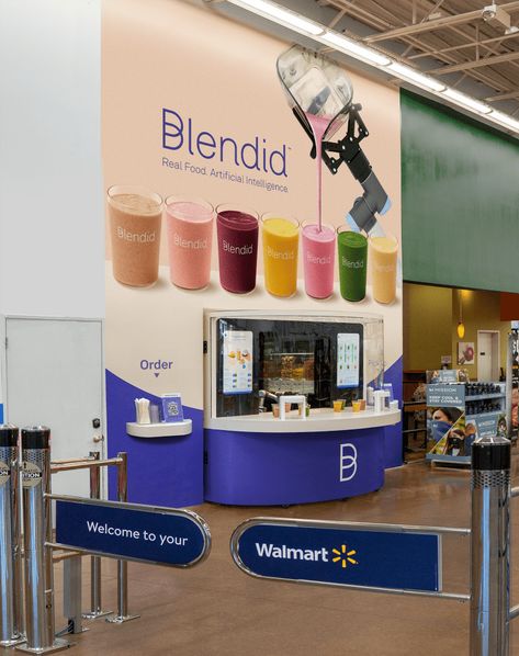 Exclusive: Blendid Opens Robot Smoothie Kiosk at a Walmart in Fremont, CA Smoothie Kiosk Design, Juice Kiosk Design Ideas, Juice Booth Design, Juice Kiosk, Juice Display, Bubble Tea Menu, Halal Snacks, Juice Bar Design, Hoarding Design