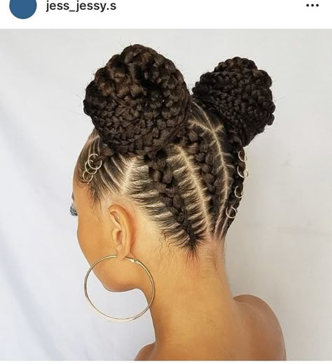 Braided Pigtail Buns, Cornrow Buns For Black Hair, Up Do Braids For Black Hair, Feed In Braids Hairstyles Updos, 1 French Braid, Braid For Black Women, Braided Bun For Black Women, Braided Bun Styles, Cornrows Braids For Black Women