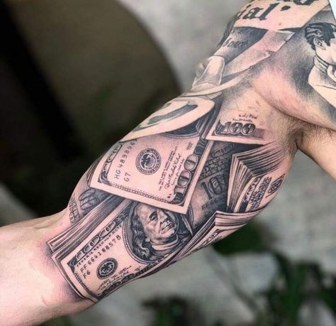 At 15 Tattoo, English Money Tattoo, Money Leg Tattoos, Money Over Everything Tattoos, Cash Tattoo Money, Gangsta Tattoos Money, Dollar Tattoo Design, Money Tattoo Ideas For Men, Money Sleeve Tattoos