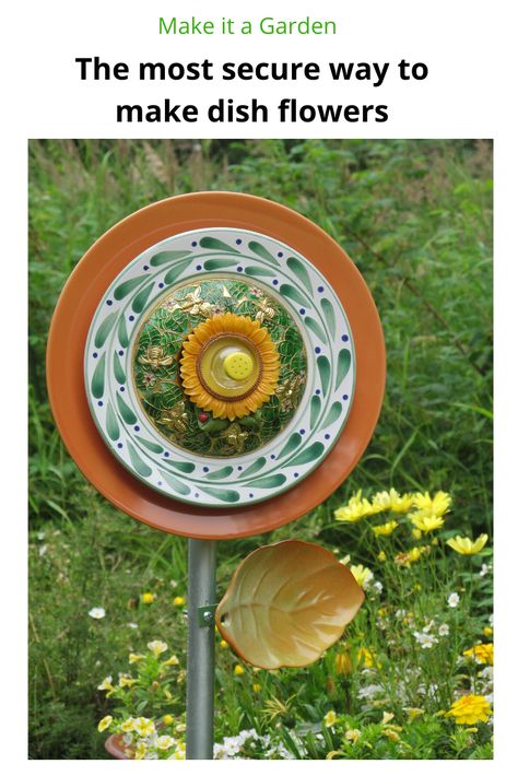 A very detailed tutorial about the different methods used to attach a dish flower to the post AND which one is the most secure. Glass garden art is heavy. Learn about the post, the glue and how to drill a plate from the artist who makes them. Garden Art flowers are whimsical garden decor and always bring a smile.  written by Kristen Spencer Garden Plates Ideas, Glass Plate Flowers Yard Art, Plate Flowers Garden, Diy Vases, Yard Flowers, Glassware Garden Art, Dish Art, China Crafts, Plate Flowers