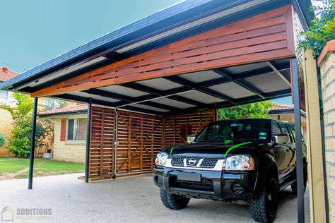 Gable Carport, Flat Roof Shed, Hip Roof Design, Car Porch Design, Modern Carport, Carport Patio, Carport Sheds, Metal Barn Homes, Skillion Roof