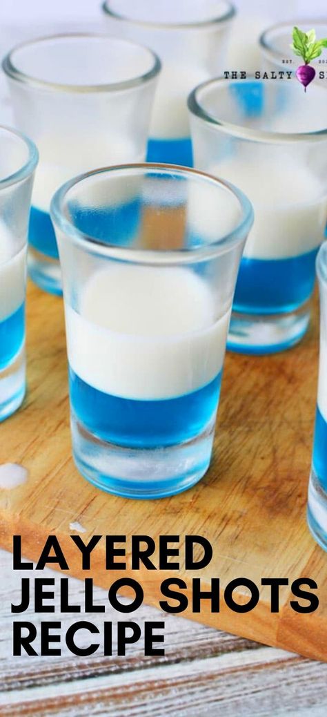 Layered jello shots to spice up your holiday themed  party this year. Incredible popular at get togethers and visually stunning, your guests will enjoy every delicious layer in this adult dessert that does everything right! #recipe #layeredjelloshots #jelloshots #layered #beverages #alcoholic 21 Layer Jello, Layered Jello Shots, Layer Jello, Red White And Blue Jello, Holiday Themed Party, Kid Friendly Dinners Healthy, Blue Jello Shots, Ny Party, Jello Jigglers