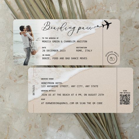 Qr Code Invitation, Wedding Qr Code, Harry Wedding, Boarding Pass Invitation, Stylish Wedding Invitation, Beach Theme Wedding Invitations, Destination Wedding Mexico, Travel Theme Wedding, Themed Wedding Invitations