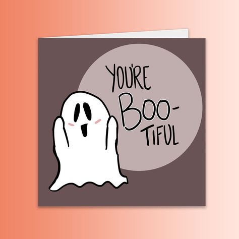 This cute ghost card is the perfect way to celebrate Halloween with your sweetheart. How are these cards made?‣ I design and print these cards from my home. They are printed on smooth, acid-free paper.‣ They are blank inside so you can add your own lovely message.‣ Printed colors may vary slightly due to monitor or screen differences.How big are these cards?‣ Each folded card measures 5.25 inches square.How is this card shipped?‣ Each card comes with an orange envelope.‣ Cards and envelopes are Halloween Cards For Kids In Hospital, Halloween Love Cards, Simple Halloween Cards, Halloween Cards Handmade Ideas Easy, Halloween Diy Cards, Halloween Handmade Cards, Halloween Cards Handmade Ideas, Homemade Halloween Cards, Pun Party