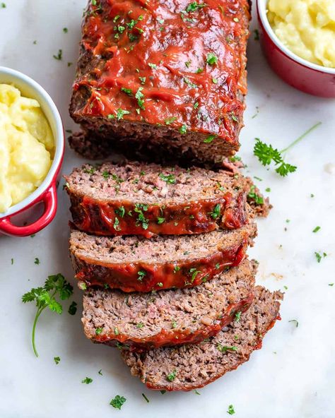 Easy Homemade Meatloaf Recipe | Healthy Fitness Meals Ingredients For Meatloaf, Meatloaf Allrecipes, Ground Chicken Meatloaf Healthy, Easy Homemade Meatloaf, Basic Meatloaf Recipe, Cheeseburger Meatloaf Recipes, Basic Meatloaf, Meatloaf Natasha’s Kitchen, Cheeseburger Meatloaf