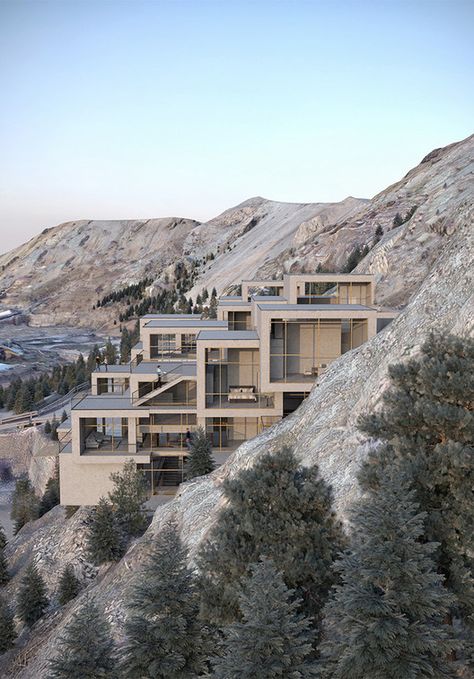 Mountain Resort Architecture, Slope House Design, Thermal Hotel, Mountain Villa, Mountain Architecture, Slope House, Resort Architecture, Hillside House, Architecture Model House