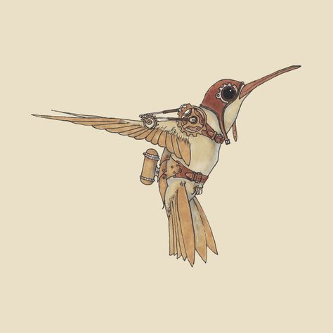 Steampunk Hummingbird - Steampunk - T-Shirt | TeePublic Steampunk Bird Drawing, Steam Punk Tattoo Designs, Robot Hummingbird, Steam Punk Animals, Steampunk Drawing Ideas, Steampunk Tattoo Ideas, Steampunk Hummingbird, Steampunk Art Illustration, Steampunk Drawings