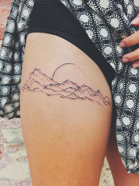 Thigh mountains Mountain Thigh Tattoo, Small Mountain Tattoos For Women, Theigh Tattoos, Front Thigh Tattoos, Moutain Tattoos, Thigh Band Tattoo, Small Mountain Tattoo, Mountain Tattoos, Upper Thigh Tattoos