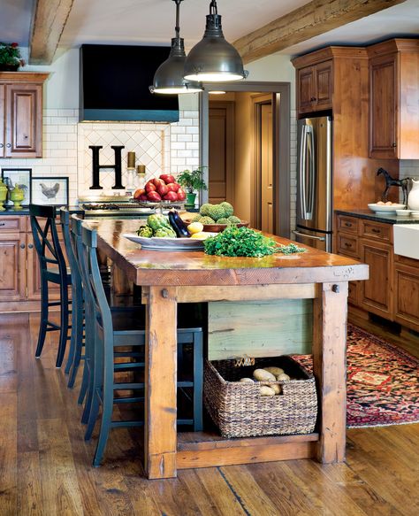 Jill Tran Rustic Home | Kitchen Island | By: KC Magazine | Flickr - Photo Sharing! Homemade Kitchen Island, Dapur Rustic, Rustic Kitchen Island, Rustic Farmhouse Kitchen, Farmhouse Kitchen Design, Farm Kitchen, Diy Kitchen Island, Kitchen Farmhouse, Kitchen Islands