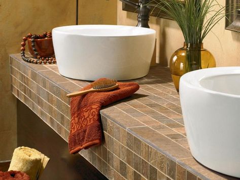 5 Best Bathroom Vanity Countertop Options - Glass Mosaic Tiles Bathroom, Bathroom Countertops Diy, Hotel Style Bathroom, Countertop Diy, Stock Cabinet, Mosaic Bathroom Tile, Valentine Diy, Best Bathroom Vanities, Countertop Options