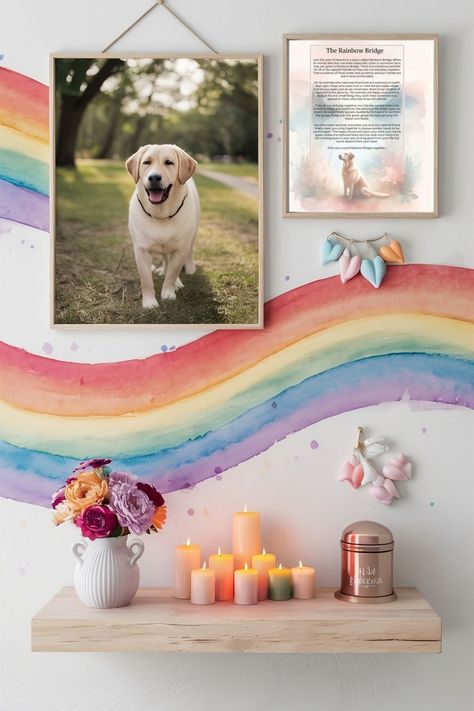 Pet memorial wall art display with a photo of a Labrador, a poem titled "The Rainbow Bridge," a vase of flowers, candles, and a pet ashes urn. Pet Memorial Display, Memorial Wall Ideas, Pet Memorial Wall, Photo Wall Ideas, Memorial Wall, Cat Loss, Pet Cremation, Loss Of Dog, Pet Ashes