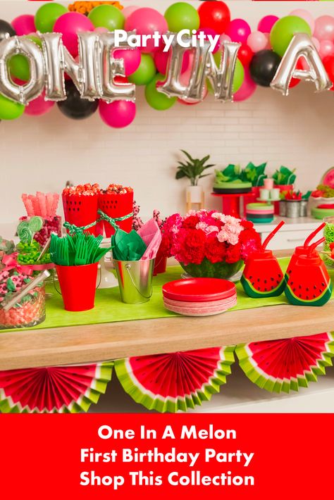 Looking for ways to elevate your One In A Melon birthday party? Shop this collection to transform your party space into a watermelon paradise with fruity décor. Find more One In A Melon birthday party decorations and balloons at Party City. One In A Melon First Birthday Decorations, Watermelon Party Ideas Decoration, One In A Melon First Birthday, One In A Melon Birthday, Melon Birthday, Watermelon Party, 1st Birthday Themes, First Birthday Themes, First Birthday Decorations