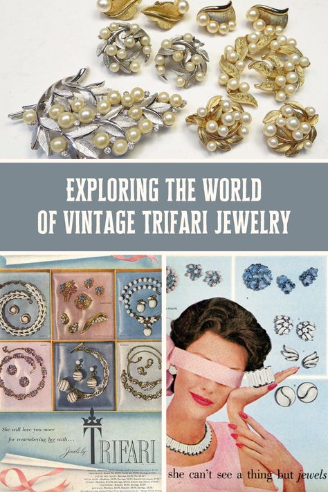 Trifari is a renowned vintage fashion jewelry brand known for its timeless elegance and innovative designs. Throughout its history, Trifari has been associated with iconic designs worn by influential figures, including First Lady Mamie Eisenhower.  For collectors, understanding Trifari's rich history and identifying characteristics is essential for distinguishing authentic pieces and appreciating their value. Vintage Commemoration Jewelry, Vintage Ads Capri Jewelry, Mamie Eisenhower, Jewelry Advertisement, Vintage Trifari Jewelry, Trifari Jewelry Vintage, Jewelry 101, Jewellery Market, Antique Appraisal