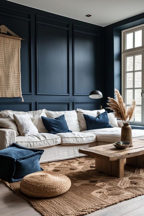 Navy White Styling Contrast 3 Living Room Navy Blue Accents, Navy And White Interiors, Navy Transitional Living Room, Navy And Caramel Living Room, Navy And Cream Living Room Decor, Navy Snug Room, Greige And Navy Living Room, Welcoming Living Room Ideas, Navy Blue And Wood Living Room