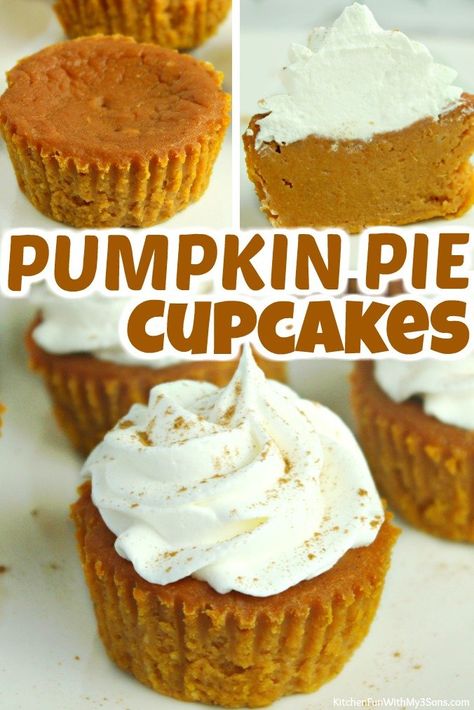 Pumpkin Pie Filled Cupcakes, Pumpkin Pie Cupcakes Easy, Pumpkin Pie Canning Recipes, Pumpkin Pie Muffin Tin, Pumpkin Pie In Cupcake Pan, Crustless Mini Pumpkin Pies In A Muffin Tin, Muffin Tin Pumpkin Pie, Pumpkin Pie Wedding Cake, Pumpkin Pie Snacks