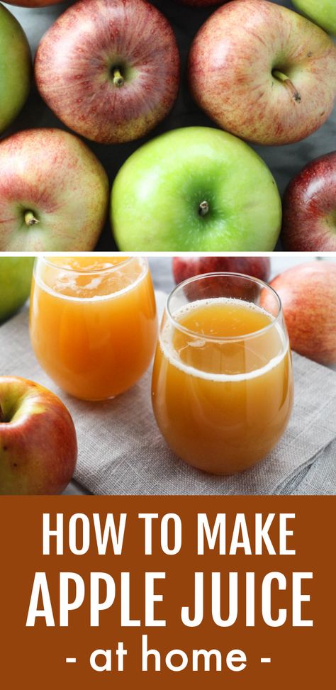 Collage of two images. The image on the top is close up shot of apples. The image on the bottom is a shot of two glasses of apple juice. Below the image, there is a text overlay saying: How to Make Apple Juice At Home. Healthy Apple Juice Recipes, How To Make Apple Juice With A Juicer, How To Make Apple Juice Without A Juicer, Homemade Apple Juice Recipe, Diy Apple Juice Recipes, How To Make And Can Apple Juice, Healthy Apple Juice, How To Make Apple Juice With A Blender, Apple Juice Recipes Homemade