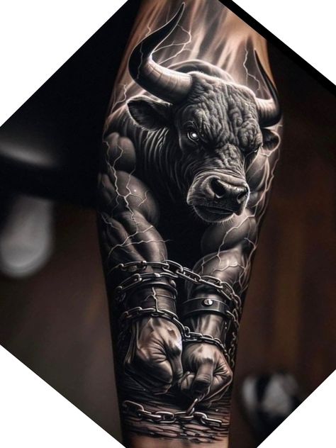 Animal Calf Tattoo, Creative Tattoo Ideas For Men Unique, Demonic Tattoos For Men, Bull Tattoo Men, Bull Tattoos For Men, Bull Tattoo Design For Men, Leg Tattoo Men Sleeve, Minotaur Tattoo, Bull Tattoo Design