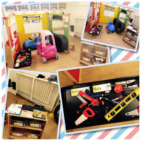 Mechanics garage role play area  #prek #preschool #dramaticplay Journeys Eyfs, Play Garage, Garage Theme, Mechanics Garage, Eyfs Outdoor Area, Transportation Unit, Role Play Areas, Dramatic Play Preschool, Dramatic Play Area