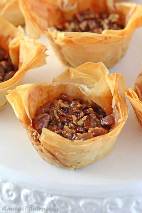 Mini Pecan Pies ; In Phyllo Cups Philo Dough Dessert Recipes, Philo Pastry, Philo Dough, Pecan Pie Bites, Phyllo Dough Recipes, Phyllo Recipes, Phyllo Cups, Pecan Desserts, Mini Pecan Pies