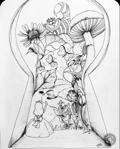 Wonderland Drawing Ideas, Alice In Wonderland Drawing, Wonderland Drawing, Alice And Wonderland Tattoos, Alice In Wonderland Drawings, Wonderland Artwork, Wonderland Tattoo, Drawing Drawing, Disney Tattoos