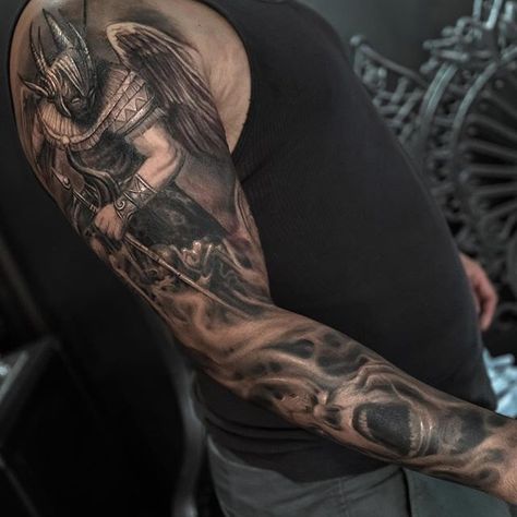 ➰ Angel Sleeve Tattoo, Satanic Tattoos, Story Tattoo, Skull Sleeve Tattoos, Skull Sleeve, Tattoo Filler, Clown Tattoo, Back Tattoos For Guys, Horror Tattoo