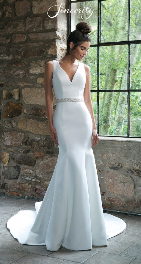 Style 44043: Satin Trumpet Wedding Dress with Back Bow Detail Sincerity Bridal Wedding Dresses, Sincerity Bridal, Long Bridal Gown, Trumpet Wedding Dress, Back Wedding Dress, V Neck Wedding Dress, Wedding Dress Pictures, Wedding Dresses Satin, Dress Chiffon