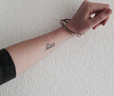 {hesed} hebrew for loving kindness Kindness Tattoo, Tattoo Word Fonts, Hebrew Tattoo, Forearm Tattoo Quotes, Hebrew Quotes, Loving Kindness, Omerta Tattoo, Word Fonts, Tattoo Videos