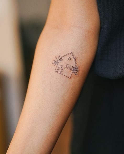 cute little house⁠ ⁠ ⁠ #tattooart #tattooed #tattooartist #ink #inkedup #tat #tattooer #tatuaggi #tattooist #tattoolife #tattoosupply #tattooideas #tattoodesign #instatattoo #blackwork #schorndorf #lrosie #cute #cutetattoo #smalltattoo #fineline Outline Of House Tattoo, Matching House Tattoos, You Are My Home Tattoo, Simple House Tattoo, Fine Line House Tattoo, Happy Place Tattoo, Cozy Tattoo Ideas, Fine Line Family Tattoo, House Outline Tattoo