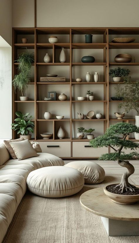 15 New Japandi Living Room Ideas You’ll Love Studio Apartment Ideas Japanese, Japandi Dark Sofa, Organic Modern Japandi Living Room, Japandi Living Room Small Apartment, Japandi Library Design, Asian Zen Living Room, Japandi Maximalist, Japandi Living Room Ideas, Japandi Design Interior