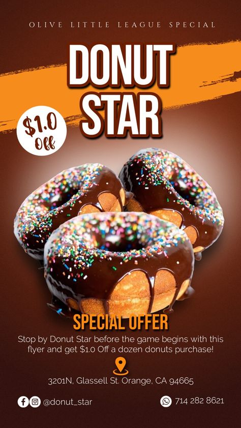 Wanna have a taste of sumptuous donuts? Donut Star is your best bet. The Flyer, designed by JPrime is for an Oliver Little League Special where a discount of $1 will be given for every 12 donuts purchased. Donut Flyer Design, Donut Poster Design, Donut Poster, Donut Media, Dozen Donuts, Wallpaper Cover, Roll Banner, Poster Food, Donut Maker